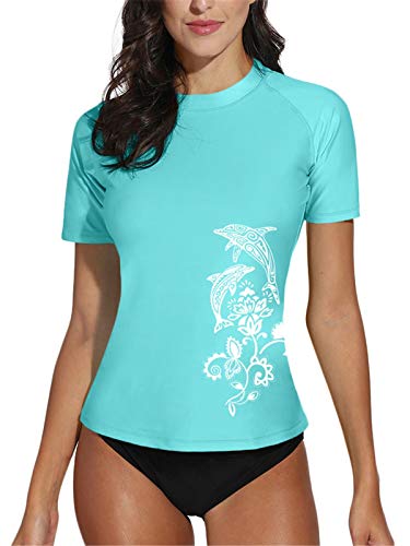 BesserBay Damen Schwimm Shirt Kurzarm UV Shirts Wasser Rash Guard UV Schutzkleidung Blue M