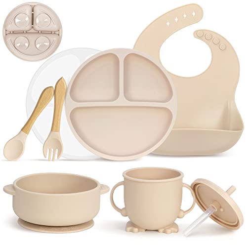 MOJINL Silikon Baby Geschirrset, Rutschfest Kindergeschirr Set mit Saugnapf, 7 Stück BPA Frei Esslernbesteck Sets mit Löffel Gabel Schüssel Lätzchen Becher Trinklernbecher und Teller mit Deckel