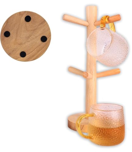 STOUCLA Tassenständer Holz, Brezelständer, für Küchentheke Tabletop, 6 Armig, Kaffeetassenregal Holz mit 8 Silikonpolster