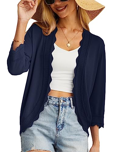 GRECERELLE Damen Strickjacke Sommer Leichte Kurz Elegant Langarm Strickpullover Jäckchen Damen Sommer mit V-Ausschnitt Vintage Klassisch Cardigan Bolero für Kleid (Marineblau, XL)