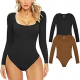 Svanco Body Damen Langarm Bodysuit Bauchweg Formende Shaping Body Shaper für Frauen Elegant Slimming Shapewear Thong mit Sexy U-Kragen