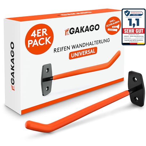 Gakago Reifenhalter Wandhalterung – 4er Felgenhalter Wand Set inkl. Schrauben & Dübel mit Montageanleitung - Extra Lange Reifen Wandhalterung - Halter für Autoreifen & Felgen zum Lagern