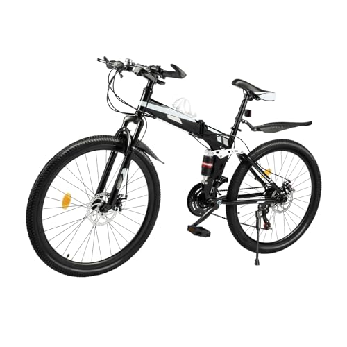 26 Zoll - 21 Gang Mountainbike, Schwarz Und Silber, Schaltbares Und Faltbares Mountainbike, StoßStangenrad, Scheibenbremsen, Vollgefedertes Mountainbike für Mädchen Jungen Herren und Damen