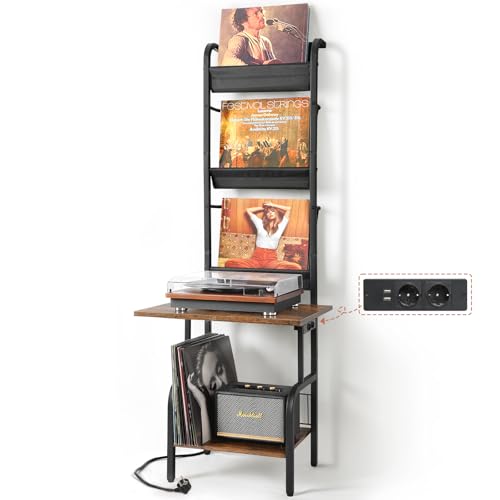 Bikoney Plattenspieler Schallplatten Aufbewahrung mit Steckdose, Vinyl Plattenspieler Tisch für bis zu 200 Alben Plattenspieler Schrank mit Schallplatten Halter und Display Regal Schallplatten