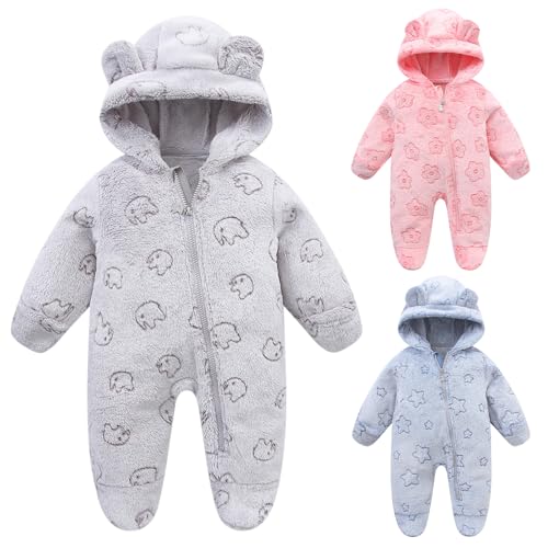 Fnaobai Neugeborenes Winter Schneeanzug Baby Mädchen Junge Bärenohr Fleece Kapuzenstrampler Kleinkind Footie Jumpsuit Oberbekleidung Mäntel (Grau, 50CM(0-3 M))