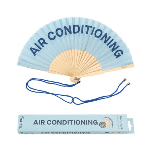 Fisura - Origineller Handfächer mit der Aufschrift "air conditioning". Moderner und lustiger Fächer. Blauer Faltfächer 2 Töne. 42,5 x 23.Material: Holz und Textil.