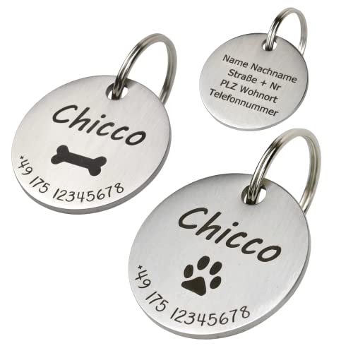 Hundemarke mit Gravur personalisiert Edelstahl 30mm | Name Telefonnummer | Namensschild für Halsband | Dogtag Anhänger | Tiermarke für Hunde, Pferde, Katzen & Welpen Herz Pfote Anker Knochen Kleeblatt