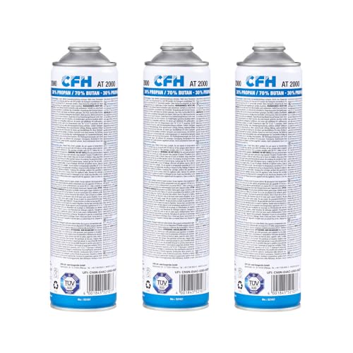 CFH Universaldruckgasdose at 2000 – 3 Stück, Druck Gas Dose mit Anschraubgewinde nach DIN EN 417, Propan/Butan-Gasgemisch (30%/70%), 3X Inhalt 330 g, Für Gasgeräte mit Schraubanschluss nach DIN 521