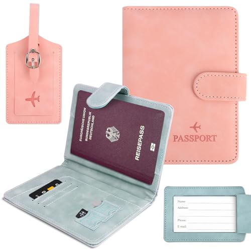 YARVPUV 2 Stück Reisepasshülle mit Gepäckanhängern Set Passport Cover mit RFID-Blocker Passport Holder PU Leder Passport Cover für Reisepass Kreditkarten Identitätskarten Reisedokumente - Rosa Blau