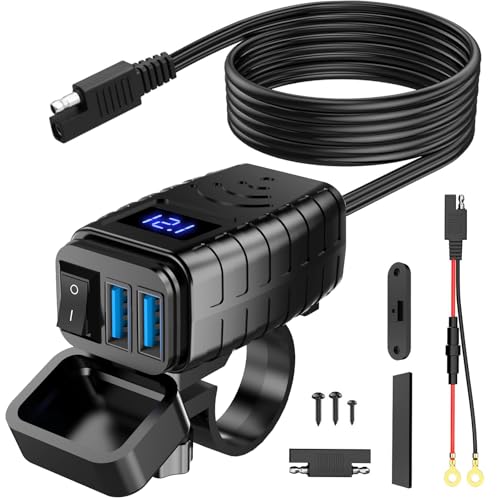 GOOPOOL Motorrad USB Steckdose Wasserdicht 12V - Motorrad USB Ladegerät mit EIN-/Ausschalter und LED-Spannungsmesser, QC3.0 Motorrad Dual USB Ladegerät für 12V-24V Motorrad Wohnmobil Boot