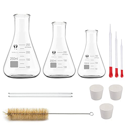 Glas Erlenmeyerkolben Set, JESTOOLO 250ml 200ml 150ml Konisch Fläschchen, 10 ml/5ml Messzylinder Glas mit 3 Glas Pipetten, 2 Waschbürste und 2 Glasstab, für Labor Lebensmittel Forschung Medizin