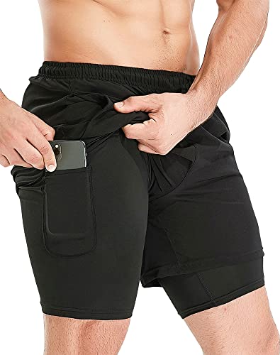 HOPLYNN Herren 2 in 1 Shorts Sommer Schnelltrocknende Laufshorts mit Taschen Sport Kurze Hosen Fitness Laufhose Schwarz L