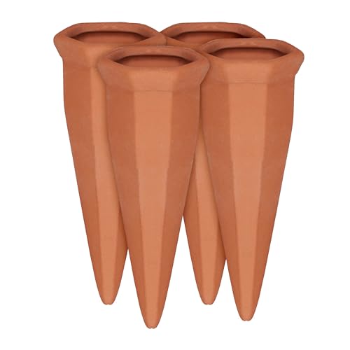 Relaxdays Tonkegel Bewässerung 4er Set, Pflanzen Wasserspender Ton, Wein und PET Flaschen Bewässerungskegel, Terracotta, Orange