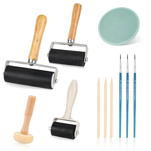 YUDAWN Linoldruck Set, 3 Stück Robuste Andrückrolle Gummiwalze Gummi Brayer Roller mit 1 Pilzwalze 1 Gravur Linolschnitt Werkzeug für Malerei Druck Tinten Tapeten Kunsthandwerk