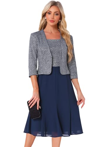 Allegra K Damen Kleid Anzug Sets 2-Teilig Kontrast A-Linie Fließende Kleide Pailletten Jacke Dunkelblau XL