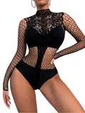 Sniff Rose Damen Reizwäsche Dessous aus Spitze Ausgeschnittene Trikots Mesh-Teddyärmel Chemise Transparentes Blumennetz Splice Nachtwäsche Bodysuit mit Hoch Halsausschnitt (Schwarz)