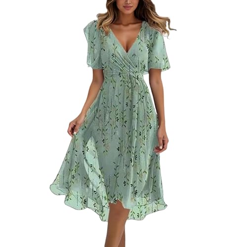 Generisch Chiffon Boho Lange Kleid Damen mit Gürtel 2025 Sommerkleid Partykleid Elegant V-Ausschnitt Maxikleid Blumenkleid Abendkleid Rüschen Strandkleid Cocktailkleid,Hellgrün,L