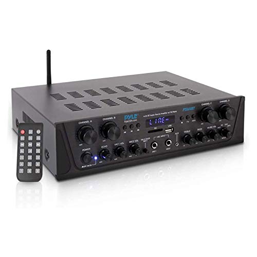 Pyle PTA44BT Karaoke-Bluetooth-Verstärker, kabellos, 4-Kanal-Stereo-Audio-Heimkino-Lautsprecher, Sound-Leistungsempfänger mit AUX-IN, UKW, Cinch-Subwoofer-Lautsprecher, Ausgang, USB, Mikrofon in mit