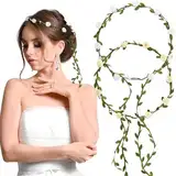 BETESSIN 2Pcs Blumenkranz Haare Blumenkrone Damen Mädchen Boho Blumen Haarband Braut Rosen Haarreif Stirnband mit Blättern Hochzeit Party Kommunion Geburtstag Kopfschmuck Weiß Beige