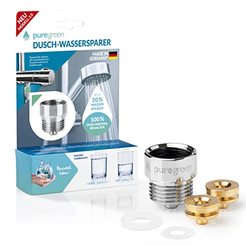 puregreen Dusch-Wassersparer | Leichte Installation, passend auf nahezu alle Duscharmaturen & Duschköpfe | Bis zu 50% Wasser sparen ohne Komfortverlust [chromfarben]