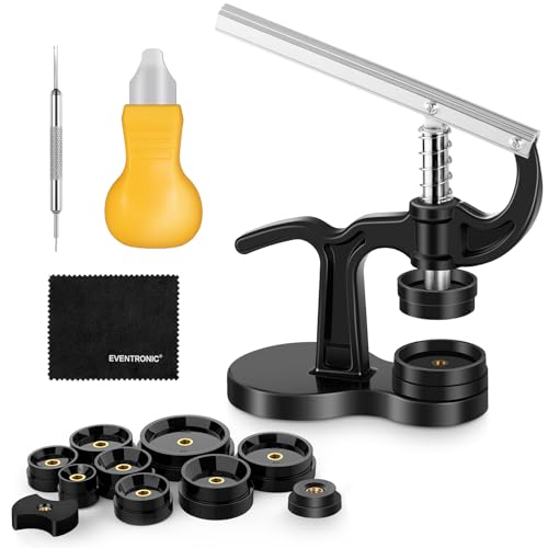 Uhr Presse, Eventronic Uhrwerkzeug Uhr Einpresswerkzeug Uhrenschließer Gehäuseschließer Uhr Reparatur Werkzeug mit 12 Druckplatten Kunststoffeinsätze (13PCS)