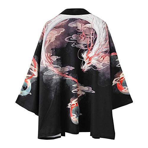 Siehin Herren Drache-Druck Frühling-Sommer Kimono Cardigan Japan Happi Kimono Jacke Yukata Coat Ukiyoe Baggy Tops (L (Tag 2XL))