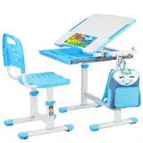Clevich Kinderschreibtisch Höhenverstellbar, Kinder Schreibtisch und Stuhl Set mit Haken, Multifunktional Schülerschreibtisch Neigbare Tischplatte von 0-40°Schreibtisch Kinder für Zeichnen (Blau)