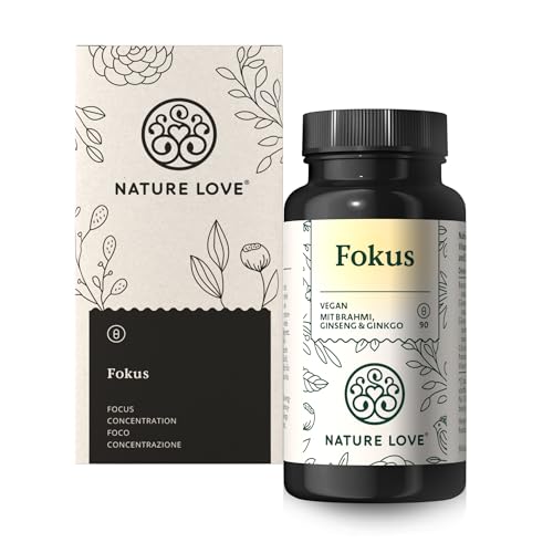 NATURE LOVE® Fokus – 90 Kapseln – mit Ginseng, Ginkgo Biloba, Brahmi & Cholin – Alternative zu Konzentrations Tabletten & Brain Booster – vegan, laborgeprüft, in Deutschland produziert