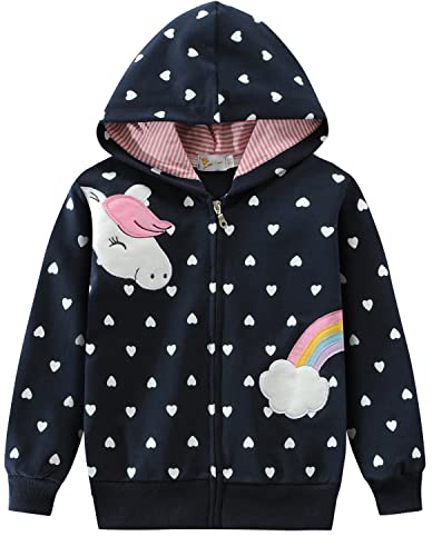 EULLA Kinder Mädchen Zip Up Hoodie Sweatjacke Kapuzenjacke Kapuzenpullover Langarm Baumwolle Einhorn Regenbogen Pullover Hoody Sweatshirt mit Reißverschluss 2# Dunkelblau Einhorn Regenbogen DE 110