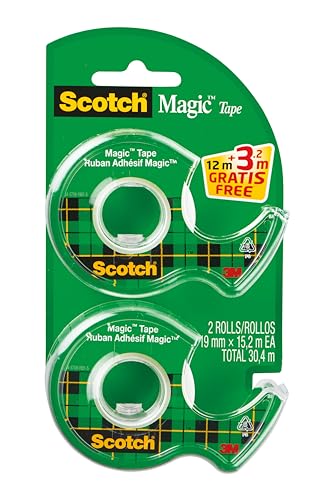 Scotch Magic Tape - 2 Handabroller, 19 mm x 12 m + 3,2 m GRATIS - Unsichtbares Klebeband für allgemeine Zwecke zur Reparatur, Etikettierung und Versiegelung von Dokumenten