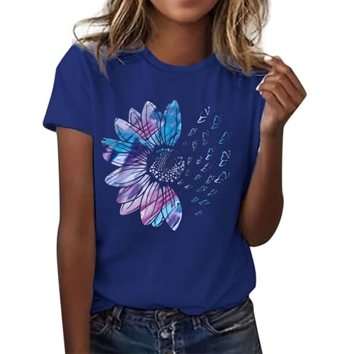 Trendiges Damen T-Shirt mit Buchstaben Druck kurzärmlig bequem weich lässig stylisch Casual Oberteil Sommer Basic (Blue, S)