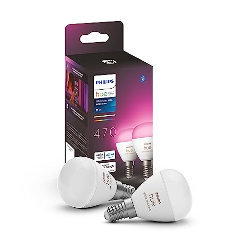 Philips Hue White & Color Ambiance E14 LED Lampen 2-er Pack (470 lm), dimmbare LED Leuchtmittel für das Hue Lichtsystem mit 16 Mio. Farben, smarte Lichtsteuerung über Sprache und App