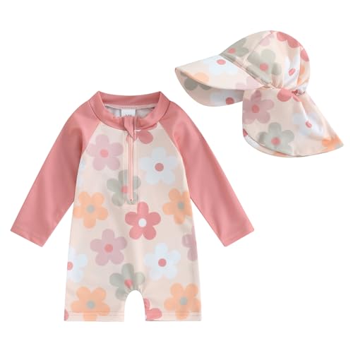 Lerrita Baby Mädchen Badeanzug Einteiliger Rashguard UV Schutz Badebekleidung Baby Langarm Reißverschluss Strand Jumpsuit Blumen/Meerjungfrau/Muscheln/Delfine Muster Badeanzug mit Sonnenhut