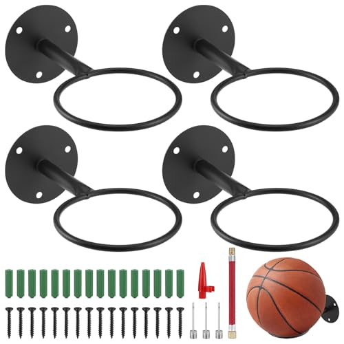 4 Stück Ballhalterung Wand, Robust Wandmontiert Ballständer, Ball Wandhalterung Wand Dekor, Ballhalter, Ball Halterung mit Schrauben und Aufblasvorrichtung für Basketball Fußball Volleyball (Schwarz)