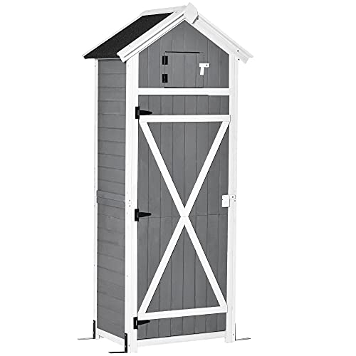 Outsunny Gartenschrank Holz Gerätehaus mit Tür Dach Geräteschuppen mit Hacken Gartenlagerschrank Faltbarer Tisch Outdoor Grau 78 x 52,5 x 182 cm