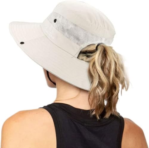 INOGIH Damen Outdoor UV-Schutz Faltbare Sonnenhüte Mesh Breiter Rand Strand Fischerhut mit Pferdeschwanzloch