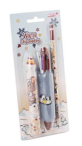 NICI 47316 Stifteset Winter bestehend aus Mehrfachkugelschreiber, Bleistift & Radierstift, blau/bunt, 3-teiliges Set