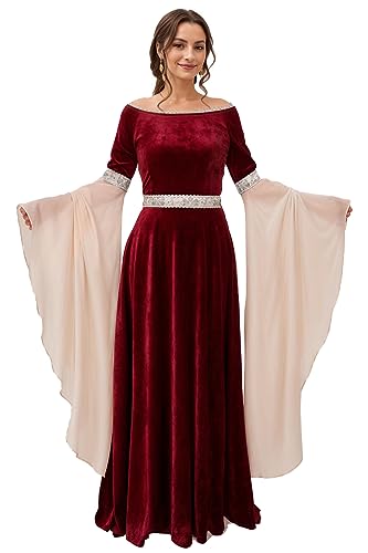 daizbella Renaissance Kleid Frauen Retro Samt Kleid Mittelalter Kostüm Handgemachte Fantasie Mittelalter Kleid, claret, S