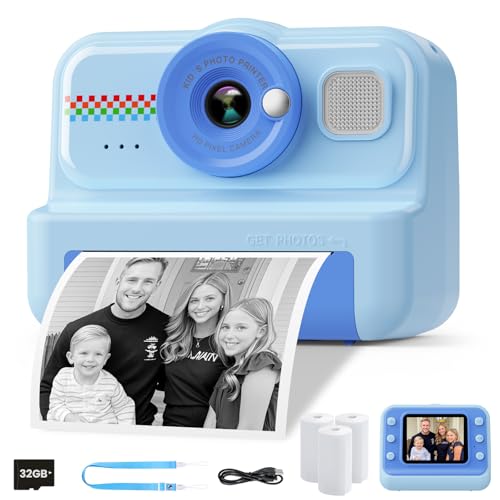 HiMont Kinderkamera Sofortbildkamera, 1080P Sofortbildkamera Kinder mit 32GB Karte & 3 Rollen Druckpapier, lustige Kinderspielzeug Geschenke für Jungen & Mädchen von 3-12 Jahren