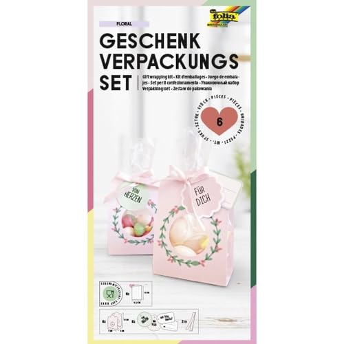 folia 48203 - Geschenkverpackung FLORAL, Verpackungsset für Kekse, Pralinen und andere Süßigkeiten, mit Papiertüten, Kordeln und Anhängern