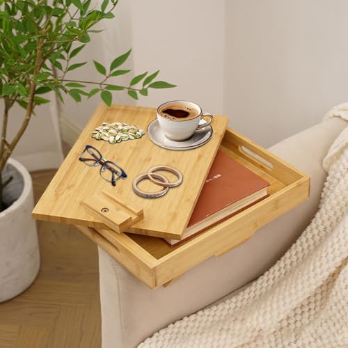 Sofa Armlehnen Tablett Flexibel Holz Bambus Getränkehalter Armlehne, Zweistöckiger Clip On Tablett Sofa Tisch mit 360° drehbarer Tischplatte und Handy-Halter für Snacks, Mobiltelefone, Controller