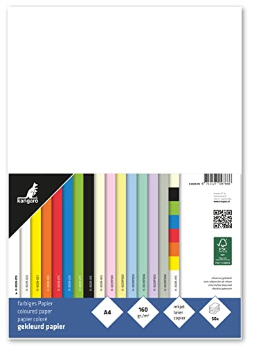 Kangaro - Tonpapier Weiß DIN A4-160g/m² FSC mix – 50 pack - Briefpapier Bastelpapier DIY