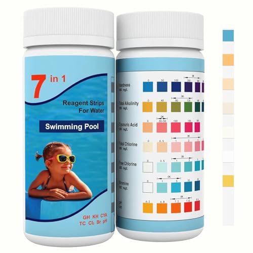 100 Stück Pool Teststreifen,7 IN 1 Pool Tester,Spa Whirlpool Teststreifen, Wassertester für Pool Gesamthärte, Freies Chlor, Brom, Gesamtchlor, Alkalinität und PH-Wert, Pool Ph Tester,Pool Zubehör