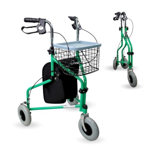 Mobiclinic, Gehwagen, Caleta, Europäische Marke, Gehwagen für ältere Menschen, mit 3 Rädern, Leichter faltbarer Rollator, Höhenverstellbar, Korb, Tragetasche, Grün