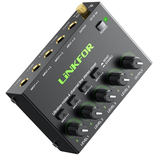 LiNKFOR 4 Kanal Mini Stereo Audio Mixer Ultrakompakter Audiomixer Unabhängige Lautstärkeregelung für Mischungen, DC 5V Type-C Mini-Audiomischer mit Netzteil Audiokabel - Ultra Niedrig Noise