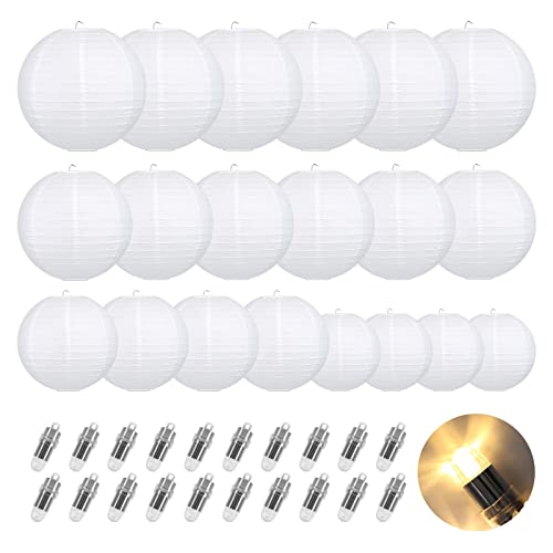 Encham 20 Stück Papierlaterne Weiß Lampions mit 20X Warmweiß Mini LED-Ballons Lichter rund Lampenschirm Hochzeitsdeko Party Geburtstage Gartenparty Deko