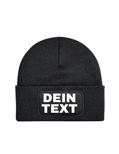 NIMAMA Unisex Erwachsenen Mütze Beanie Bedrucken Lassen - Mit Wunschtext personalisiert - Individuell als Geschenk für Herren und Damen selbst gestalten - Schwarz