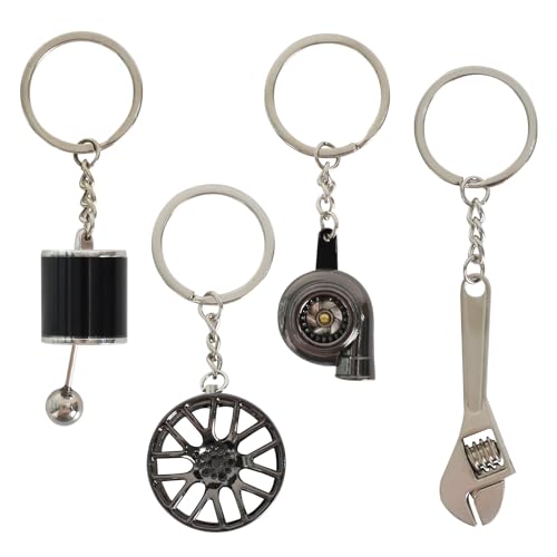 4 Stück Autoteile Modell Schlüsselanhänger, Deko Schlüsselbund mit O-Ring, Turbolader Radfelgen Schraubenschlüssel Schalthebel Schlüsselbund Schlüsselanhänger, Kreativer Autozubehör Schlüsselanhänger