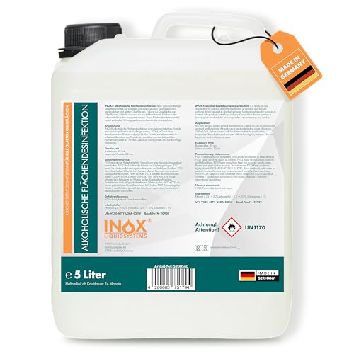 INOX® Flächendesinfektionsmittel 5L – Alkoholische Flächendesinfektion für alle glatten Oberflächen – Hochwirksames Desinfektionsmittel für Flächen