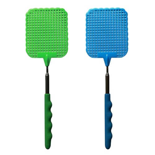Fliegenklatsche, 2 Stück Bunt Fliegenklatsche Ausziehbar, Fliegenklatsche Stabil,Manual Extendable Fly Catcher für Fliegen und Insekten Abzuwehren(Grün & Blau)